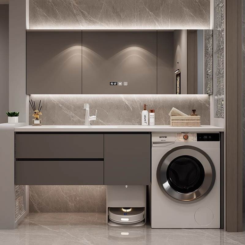 定制洗衣机洗手盆一体柜岩板热弯陶瓷无缝一体盆浴室柜洗手台组合