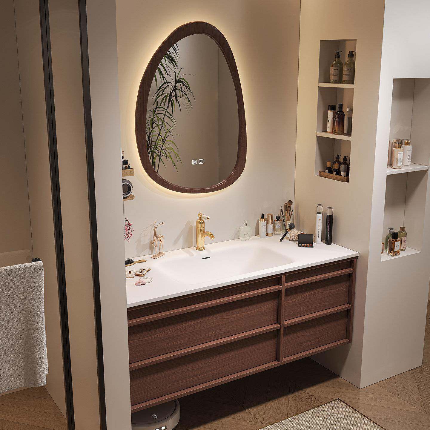 中古风可丽耐一体盆胡桃浴室柜组合岩板热弯卫生间洗脸洗漱台定制