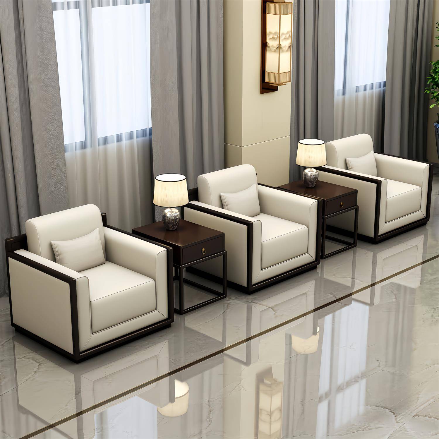 酒店贵宾会议室接待会客单人沙发商务办公休息区洽谈沙发茶几组合