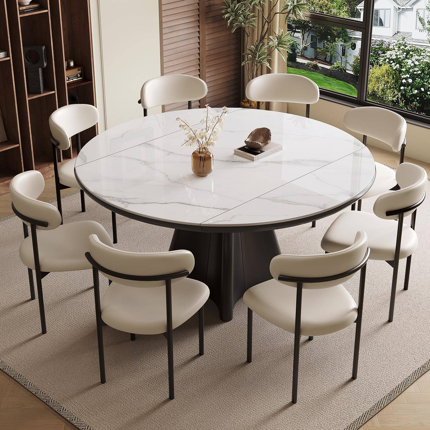 意式旋转全托岩板餐桌现代简约客厅家用可伸缩折叠方圆两用圆餐桌