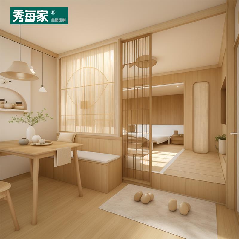秀每家客厅隔间榻榻米床衣柜一体设计定做实木推拉门卡座全屋定制