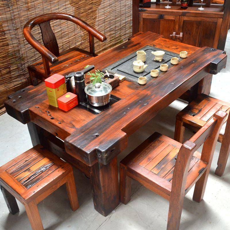 老船木茶几客厅实木茶桌椅组合家用茶台一桌五椅禅意茶具桌子一体