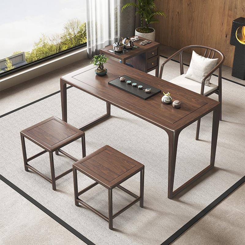 新中式榆木阳台泡茶桌小户型家用禅意功夫茶几简约中古胡桃色茶台