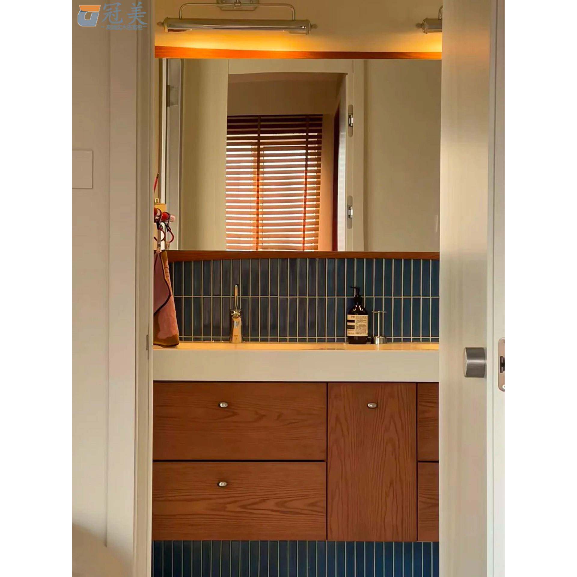 中古风可丽耐一体双盆浴室柜组合胡桃色卫生间岩板洗手洗脸盆定制