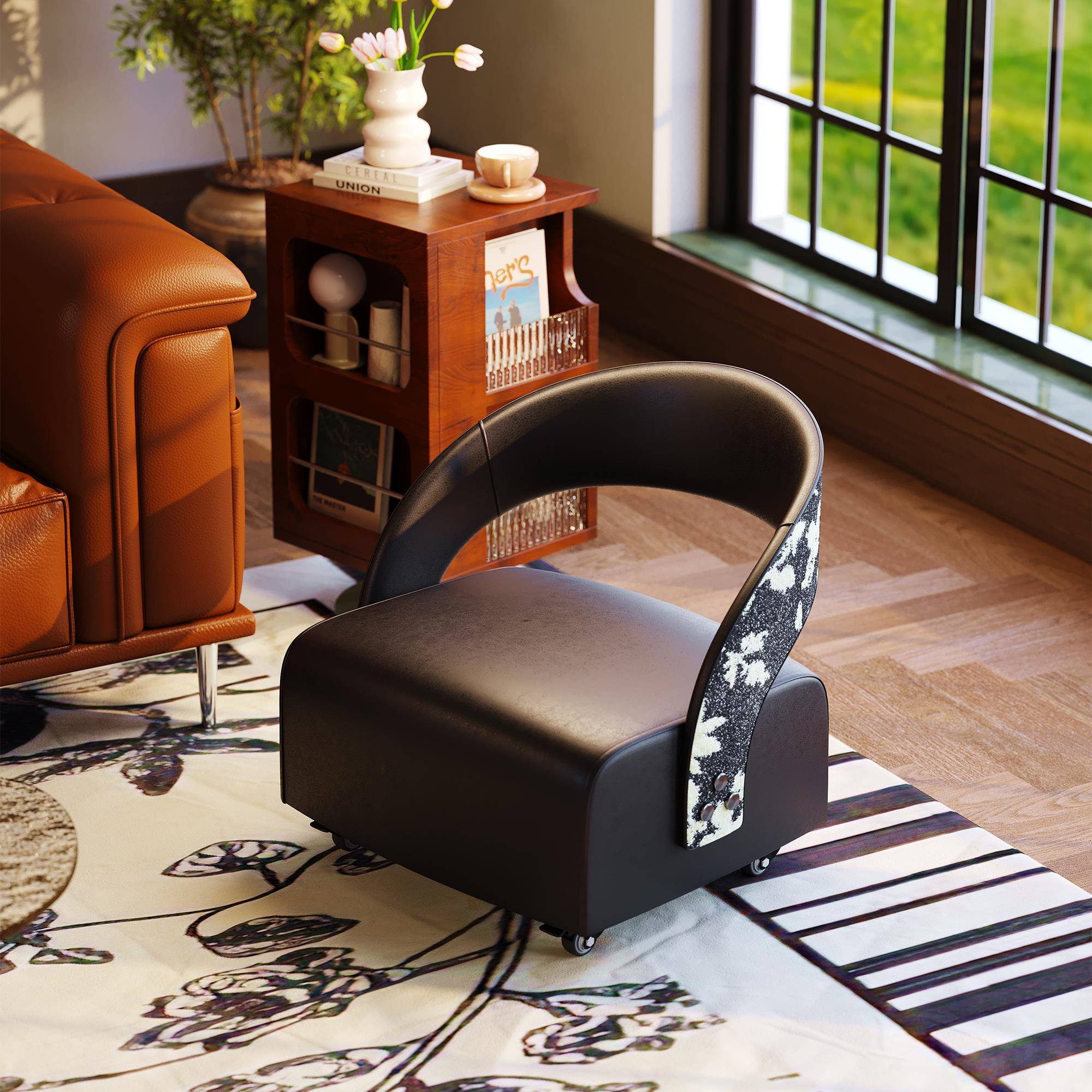 万向轮小凳子家用软包板凳滑轮移动矮凳客厅沙发凳带靠背懒人椅子