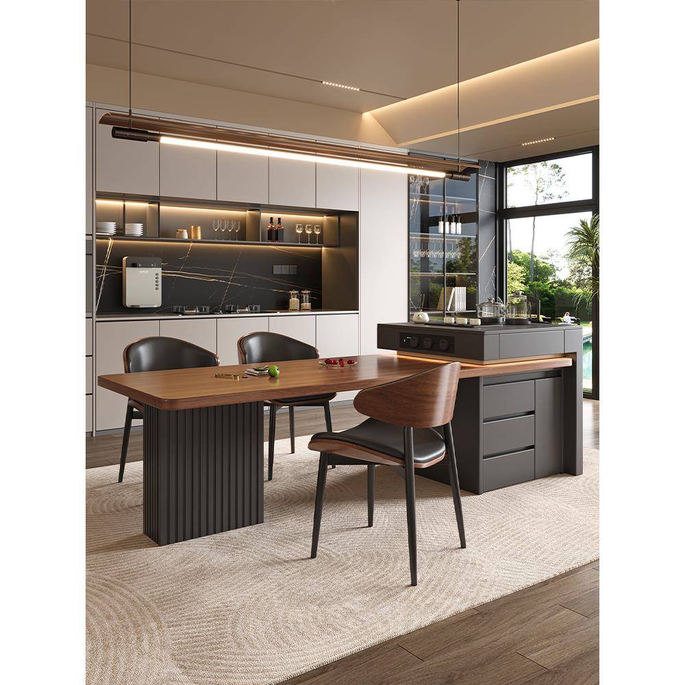 意式高级岩板岛台餐桌家用一体可伸缩大别墅多功能实木导台餐桌椅