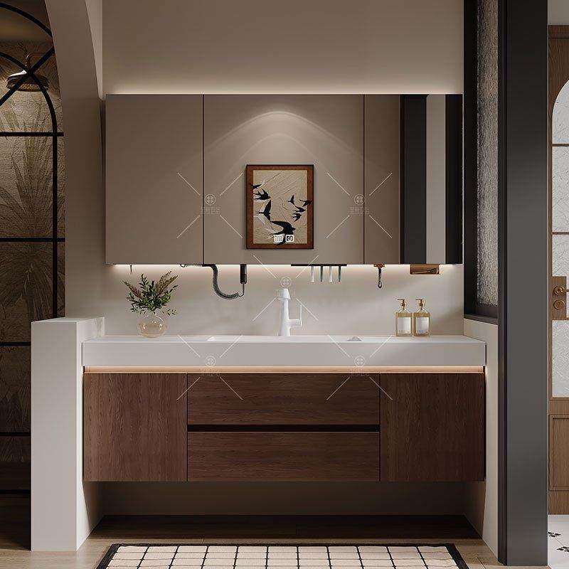 中古风岩板无缝热弯一体盆浴室柜卫生间洗脸盆柜组合胡桃木洗漱台