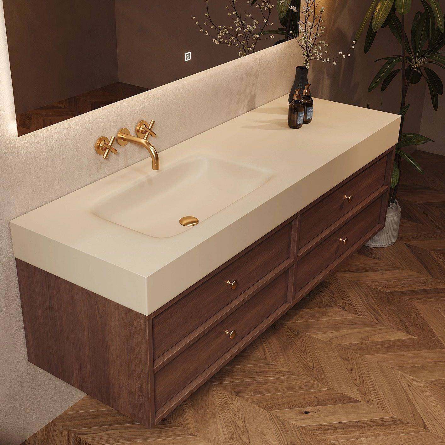 覆古中古风浴室柜岩板热弯无缝一体盆智能卫生间洗漱台脸盆柜组合