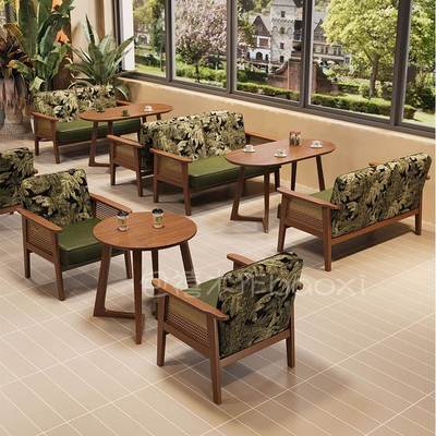 中古风实木沙发椅单人双人餐饮咖啡厅休闲卡座沙发奶茶店桌椅组合