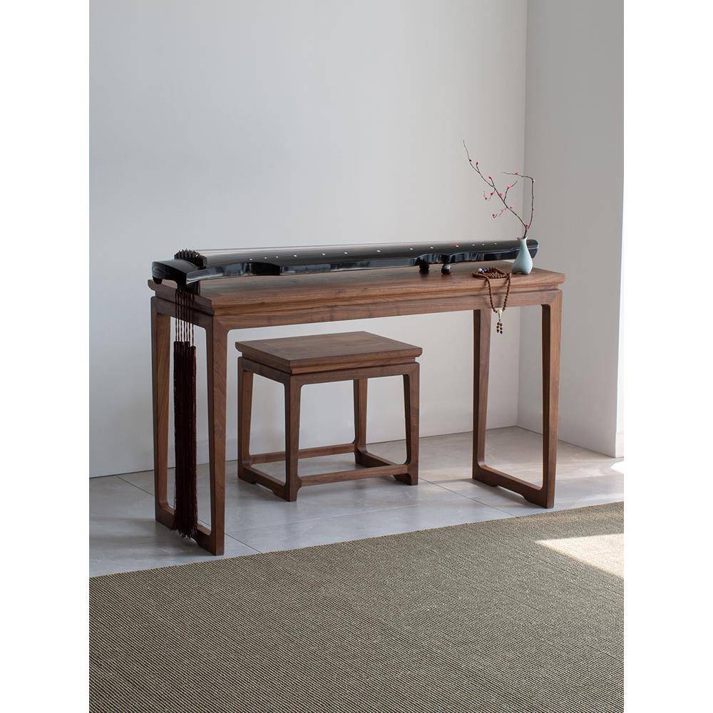 新中式古琴桌凳仿古简约禅意老榆木古筝架原木榫卯一体琴台纯实木