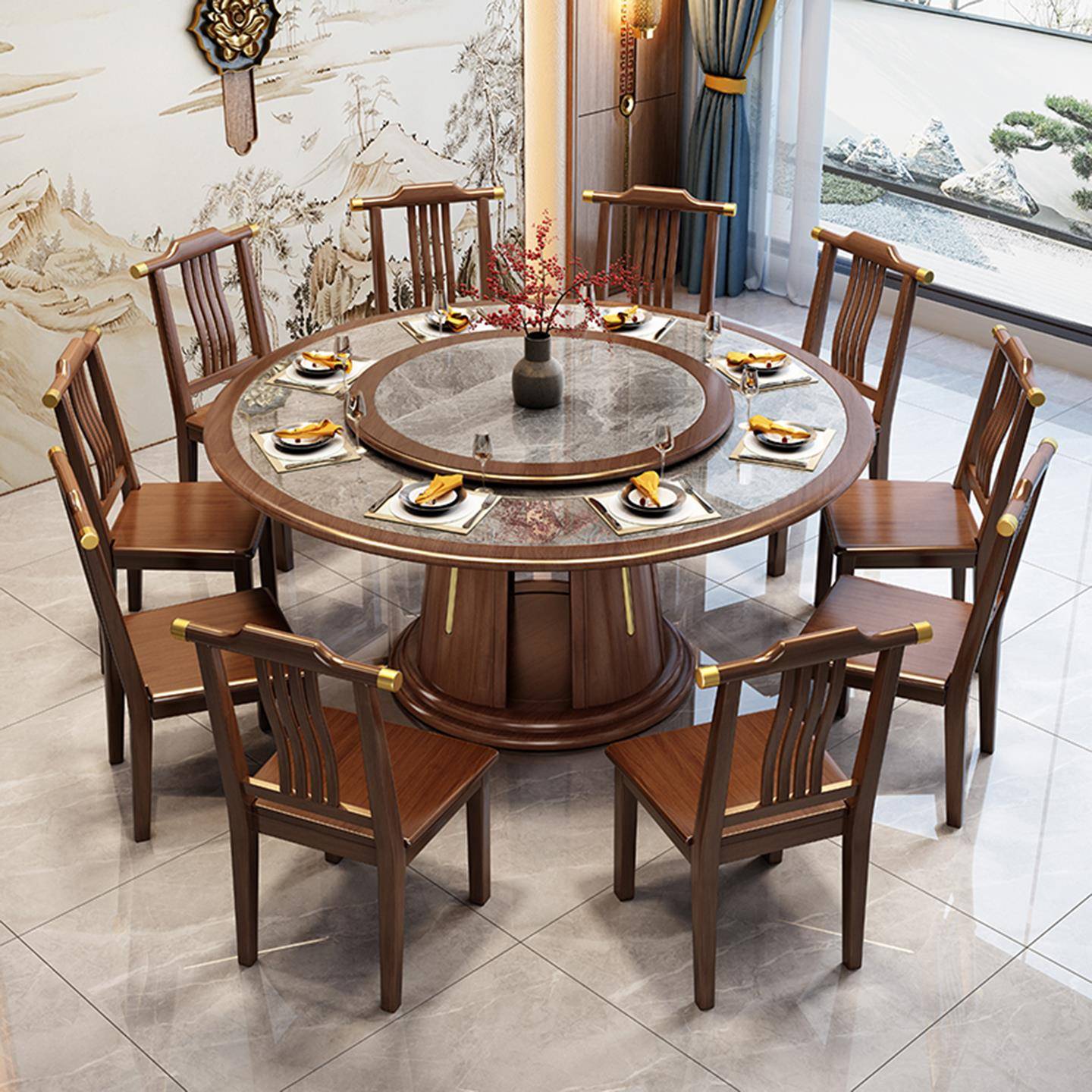 新中式实木岩板餐桌椅组合家用圆桌带转盘酒店10人饭桌吃饭桌子