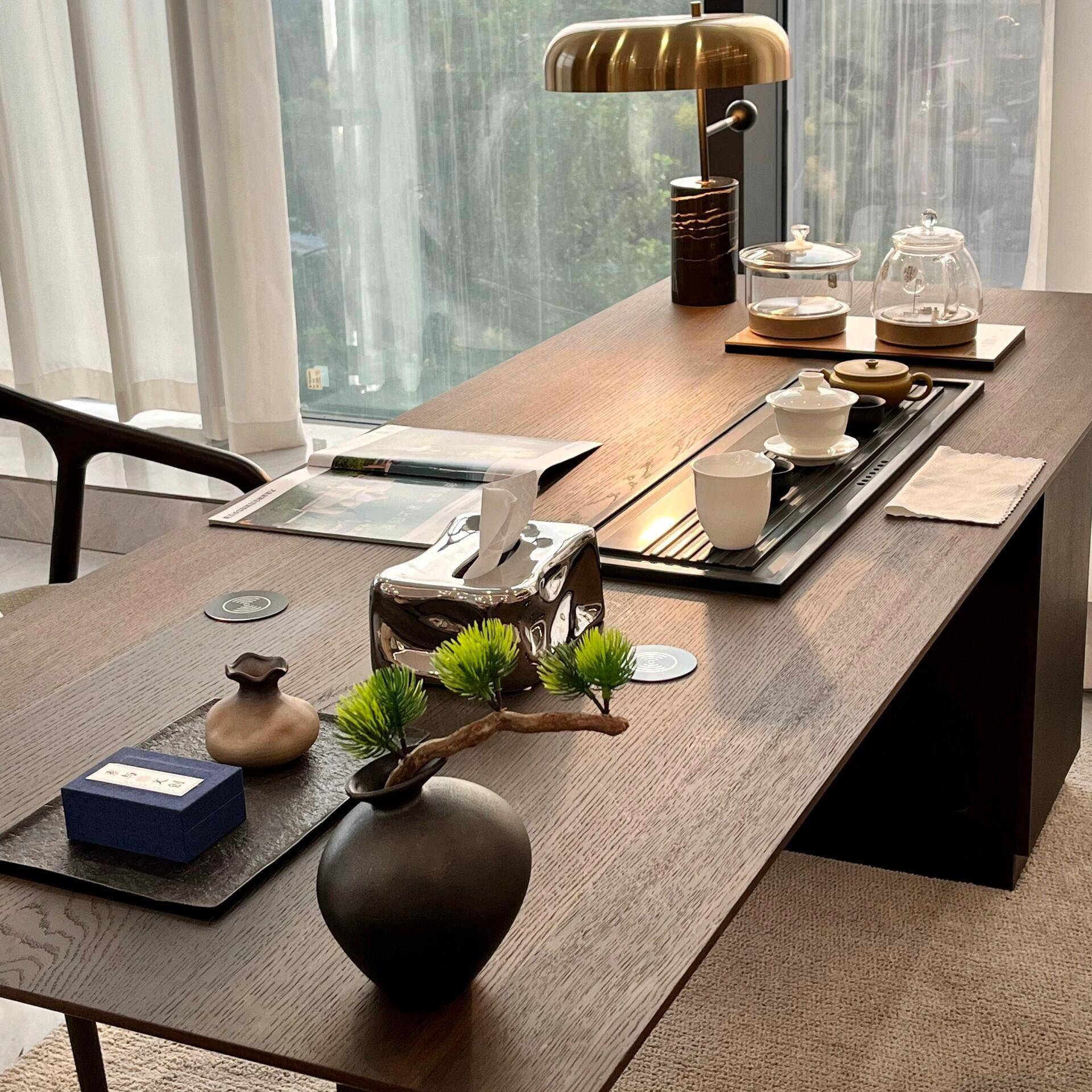 新中式茶桌椅组合实木家用禅意办公室简约茶台客厅黑胡桃木泡茶桌