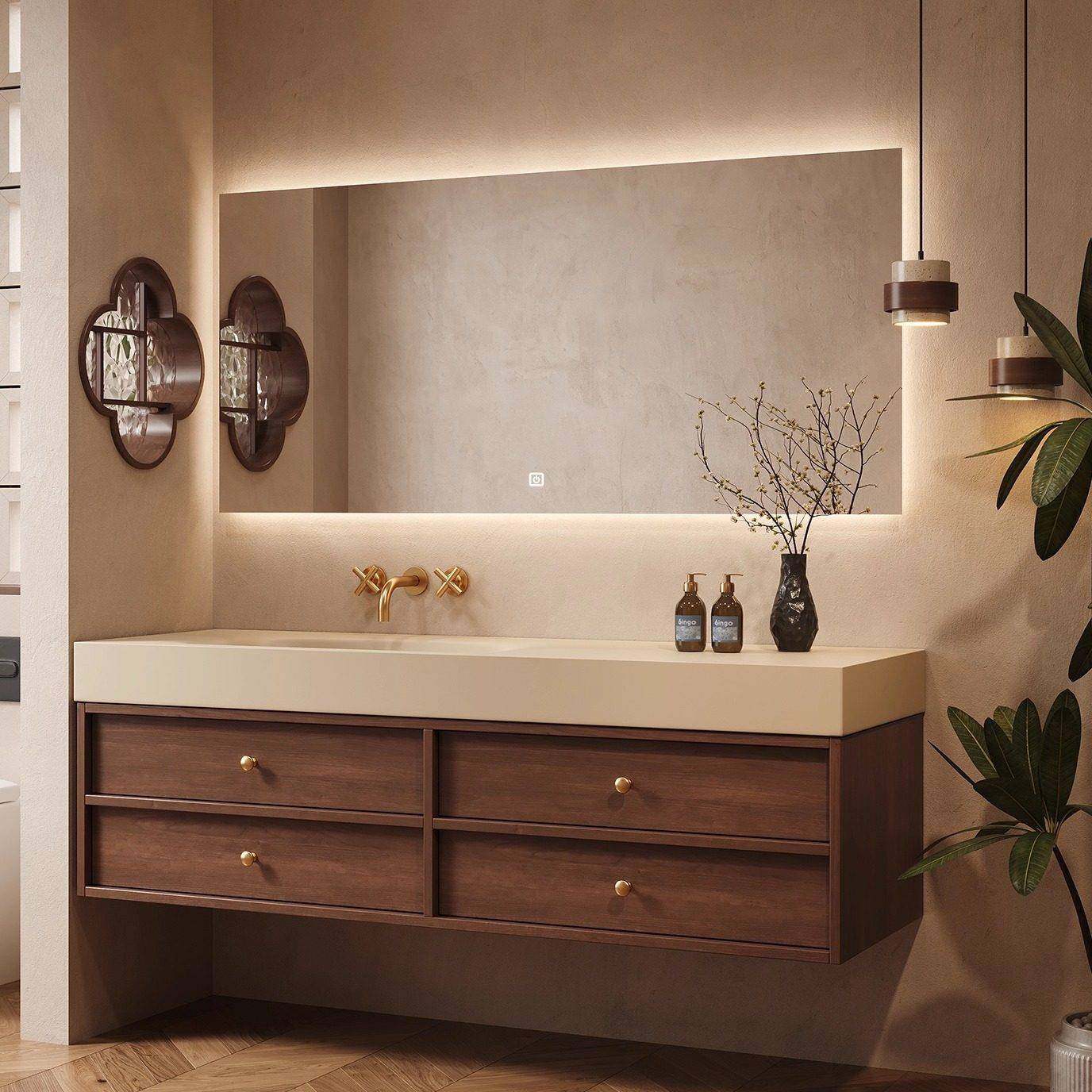 奶油风岩板热弯一体盆智能浴室镜柜组合洗漱台洗脸手盆卫生间实木