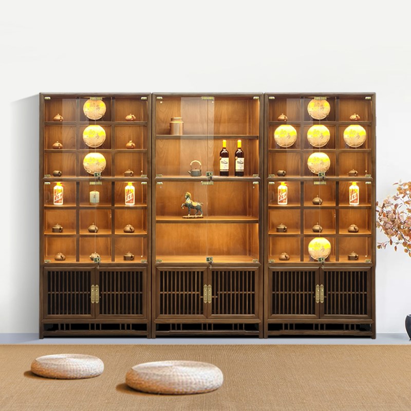 博古架实木新中式茶水柜茶室客厅玻璃门带灯多宝S阁茶具陈列置物