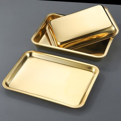 304特厚不锈钢金色托盘方盘烧烤盘小吃盘子火锅菜盘饺子盘快餐盆