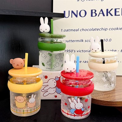 可爱米菲兔玻璃水杯带盖子女生高颜值办公室夏季高颜值咖啡吸管杯