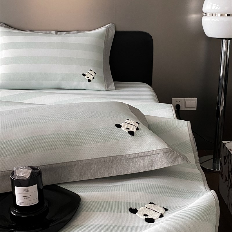 A类毛巾绣冰丝席卡通小熊猫三件套床笠款夏凉席1.5m1.8米空调席子