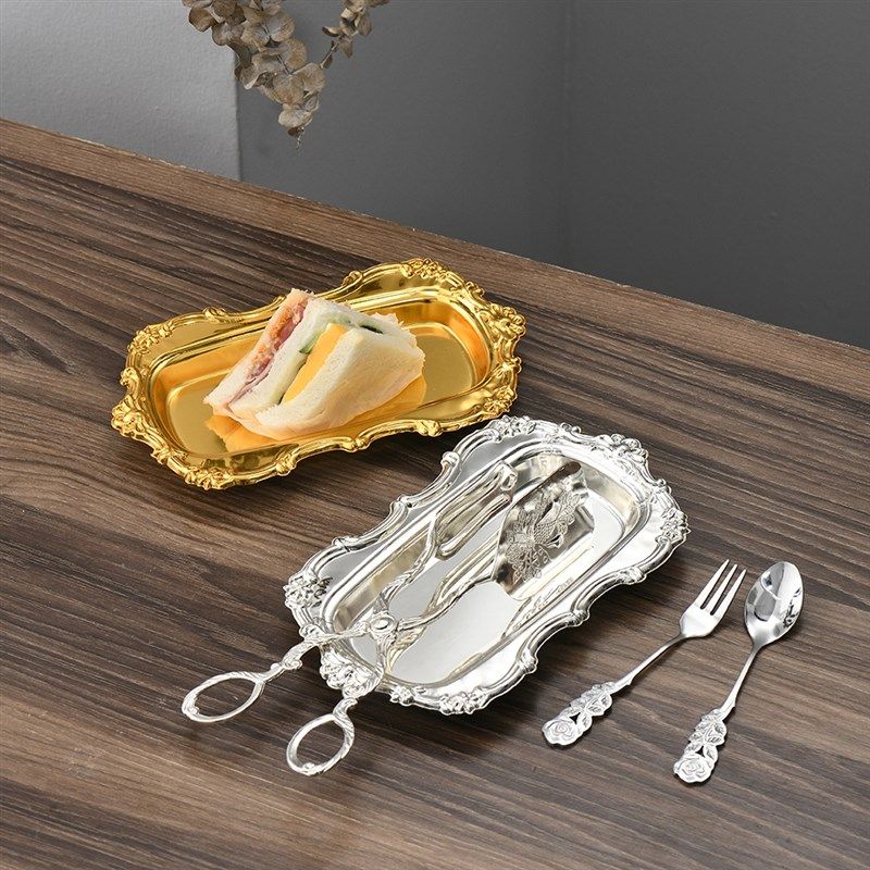 欧式金色托盘长方形家用客厅茶几水果零食点心蛋糕甜品收纳架