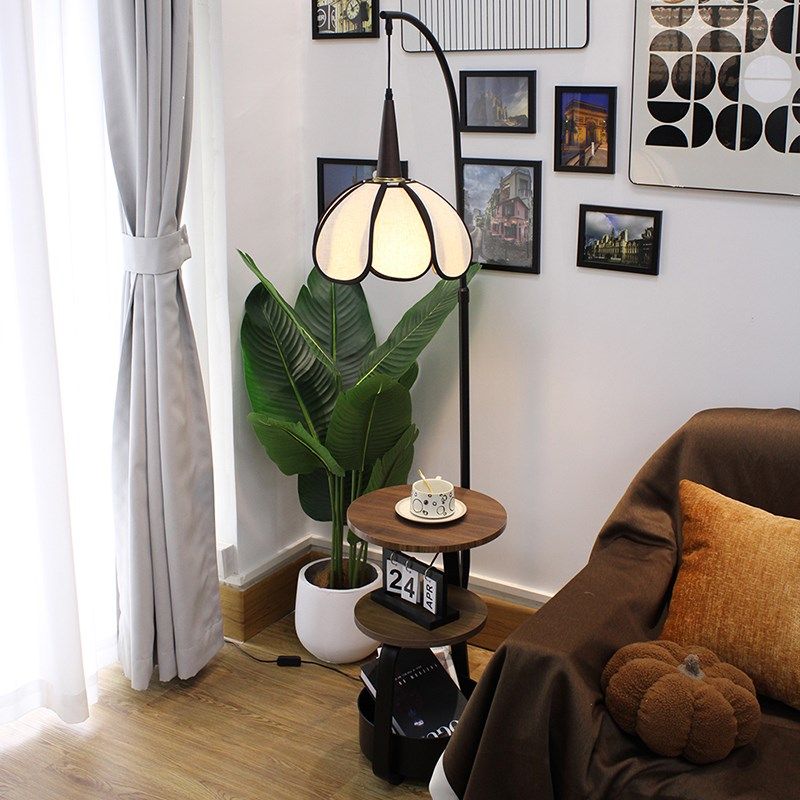 中古风落地灯卧室客厅沙发旁台灯胡桃木床头柜一体置物架