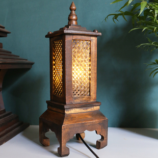 泰式实木台灯卧室书房床头灯简约雕刻客厅酒店会所东南亚装饰灯具