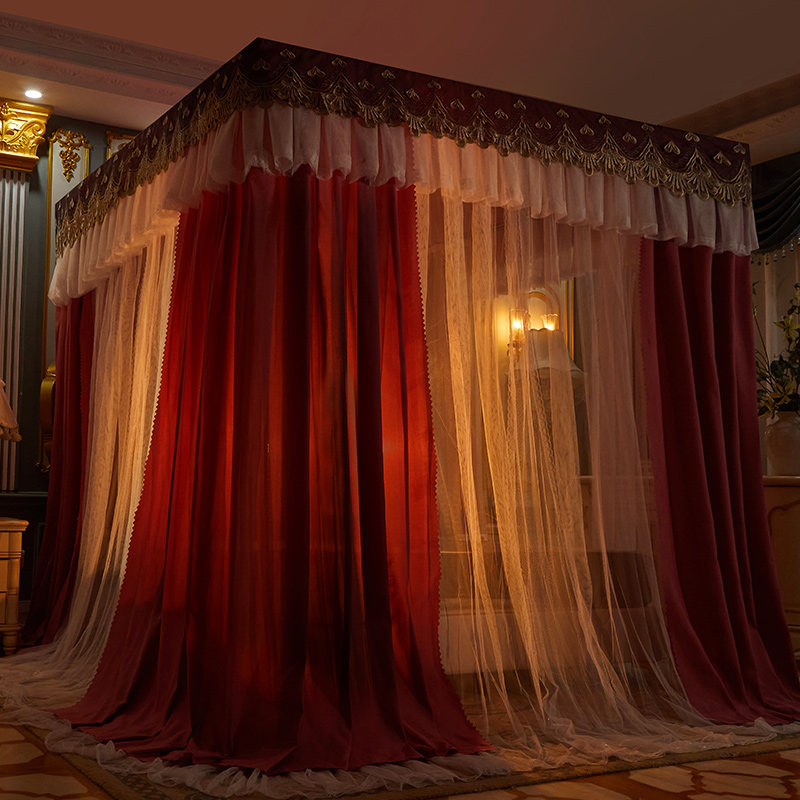 豪华欧式双杆双层遮光床幔蚊帐床帘一体家用I挡风1.5米1.8米公主