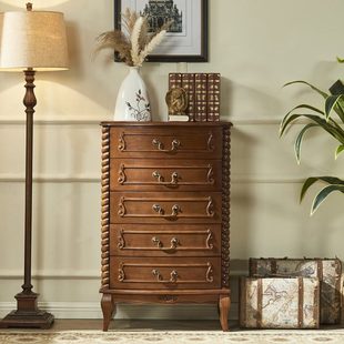 美式 卧室储物小抽屉柜床头收纳柜复古五斗橱靠墙 实木五斗柜 欧式