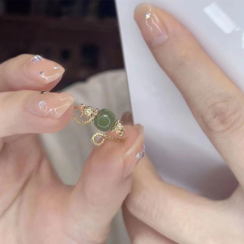 奥特莱斯捡漏18K金青稞和田玉车花转运珠戒指女中式复古指环L