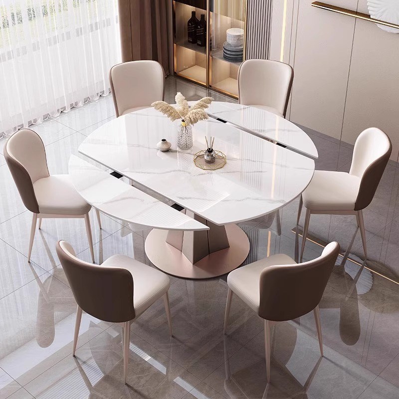 现代简约岩板餐桌椅组合可伸缩折叠轻奢旋转O饭桌家用小户型变圆