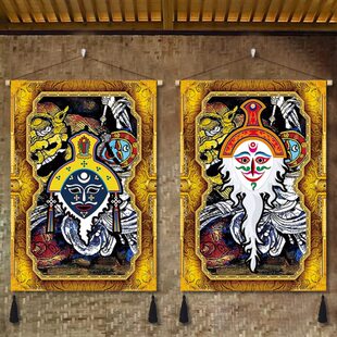 藏式布艺挂画藏戏脸谱面具挂布藏族民俗文化布画民宿室内装饰挂毯