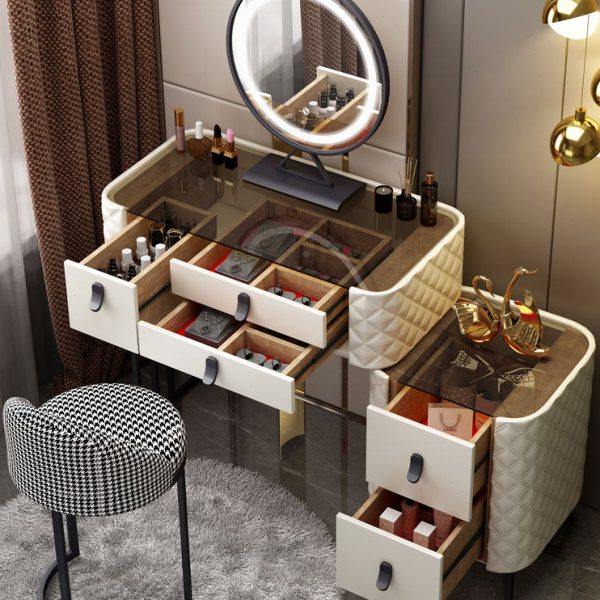 轻奢实木梳妆台卧室现代简约奢华岩板化妆桌网红高级感一体收纳柜