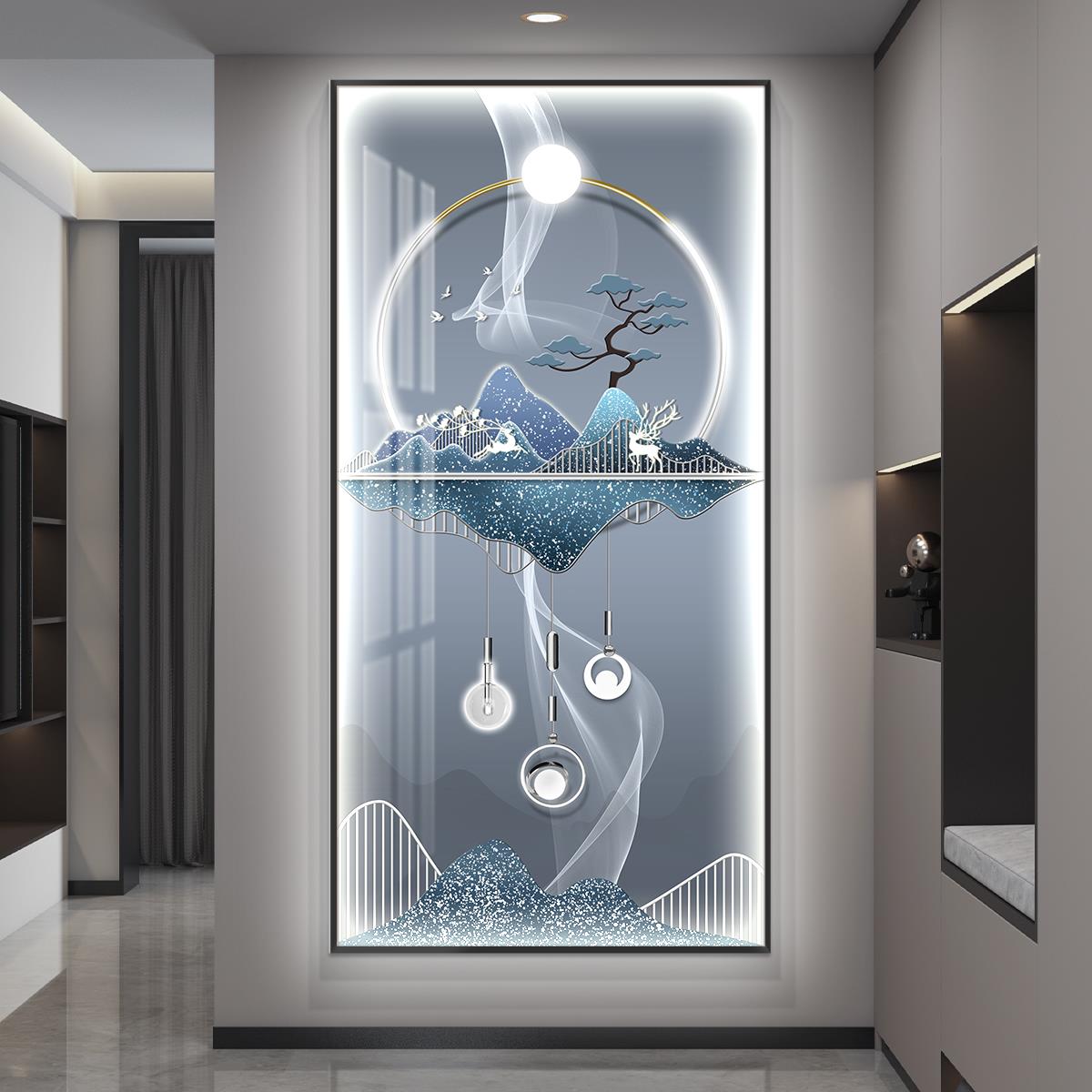 led带灯轻奢入户玄关装饰画走廊过道竖版挂画简约现代壁画高级感