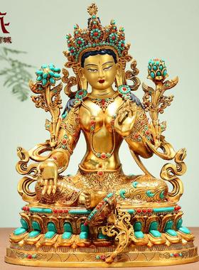藏村彩珠镶嵌《绿度母》室内家用全鎏金《绿多罗观音》铜佛像摆件