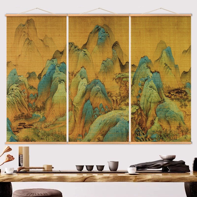 挂画竹帘茶席中式复古书法图中式挂帘书房装饰画茶室玄关千里江山