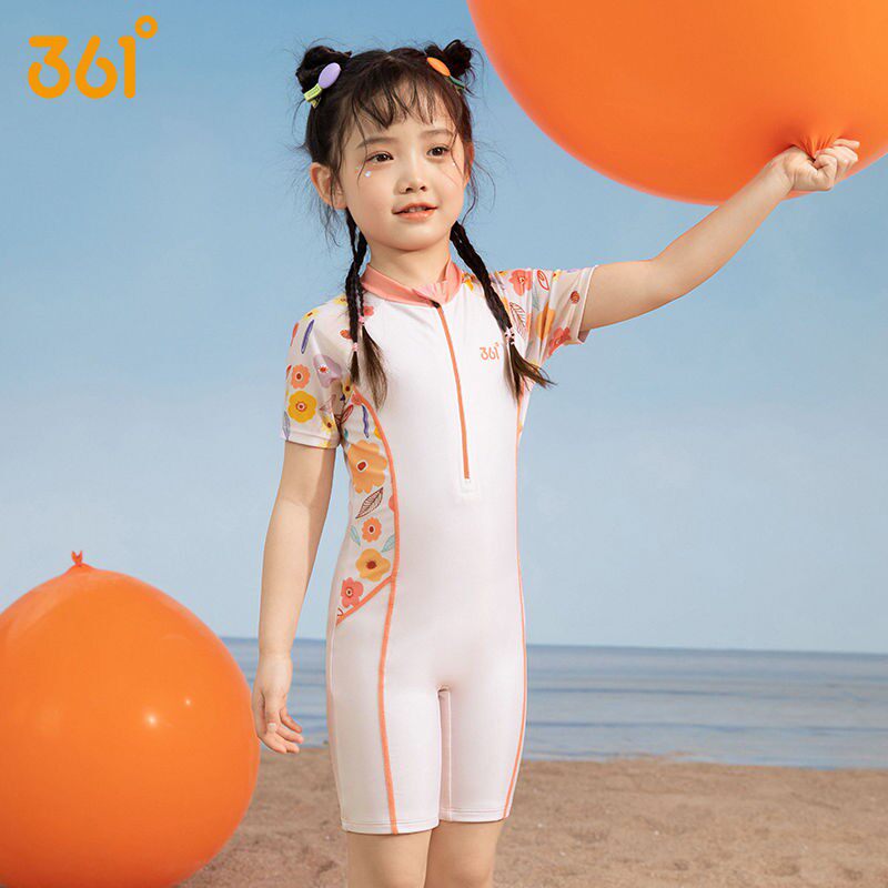 361儿童泳衣短袖平角连体防夹伤小中童游泳衣女童沙滩速干游泳装