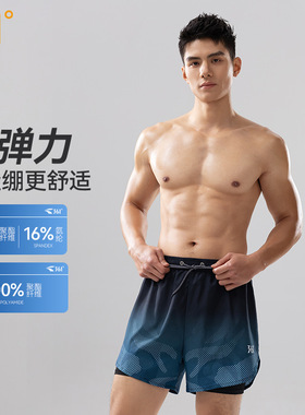 361游泳裤男士印花五分泳裤双层2025新款成人假两件大码沙滩泳装