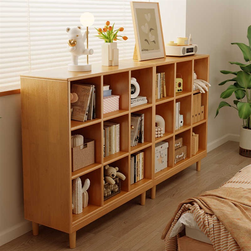 简易书架落d地置物架实木格子架书柜学生家用日式格子柜收纳陈列