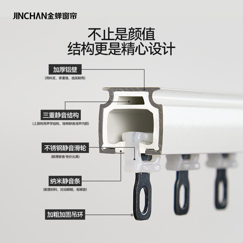 金蝉窗帘轨道导轨现代简约铝合金静音滑轮顶装侧装单双轨JC03直轨