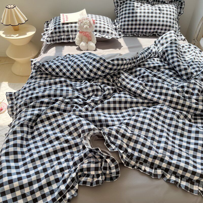 复古经典格子花边枕套一对宿舍单人长方形枕芯内胆套枕罩枕巾枕皮