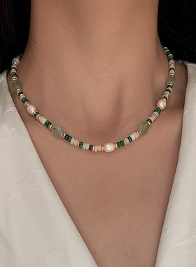 天然淡水珍珠孔雀石绿色串珠项链女配饰新中式轻奢小众锁骨毛衣链