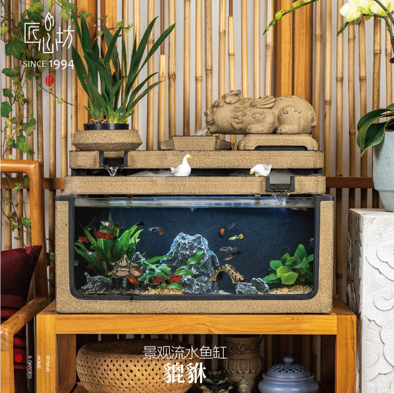 匠心坊中式客厅鱼缸流水摆件循环水办公室桌面造景装饰复古养鱼缸