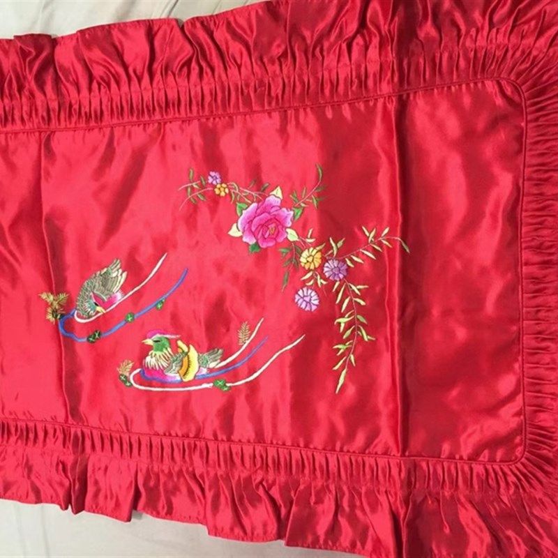 大红枕套结婚百子图一对桑蚕丝真丝纯手工绣花刺绣牡丹婚庆枕头套