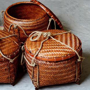 复古竹编箩筐带盖结婚喜事米箩老式收纳筐大号竹筐精编竹制品家用