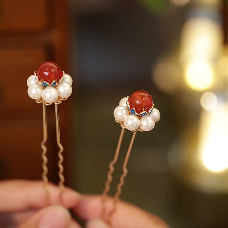 小花钗红色发簪简约大气后压簪子日常可爱Lu型发钗古风汉服头饰品