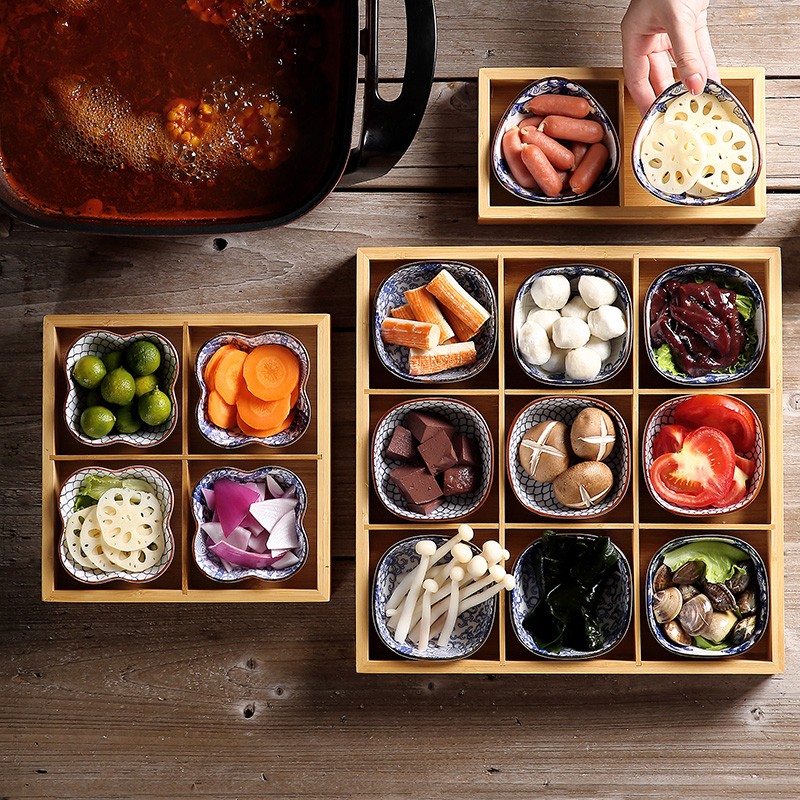 竹木创意九宫格拼盘o火锅店餐具分格餐盘特色配菜托盘烤肉小吃盘