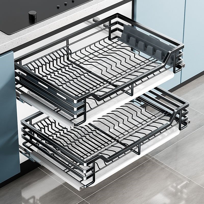304不锈钢拉篮橱柜内收纳抽屉H式厨房拉篮碗篮碗碟架双层