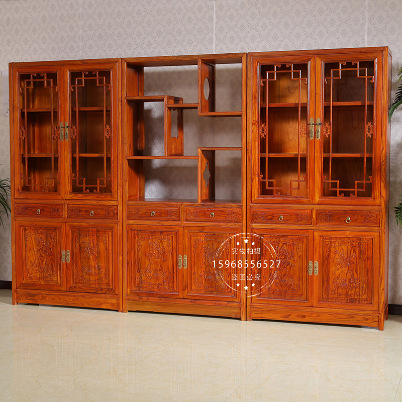 新中式仿古南榆木j雕花书柜书架全实木落地带门书房书桌三组合禅