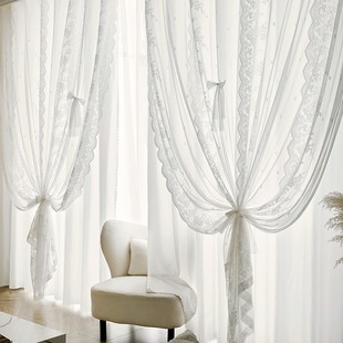 2021年布纱一体法式 蕾丝成品窗帘半遮光双层公主风透光不透人窗帘