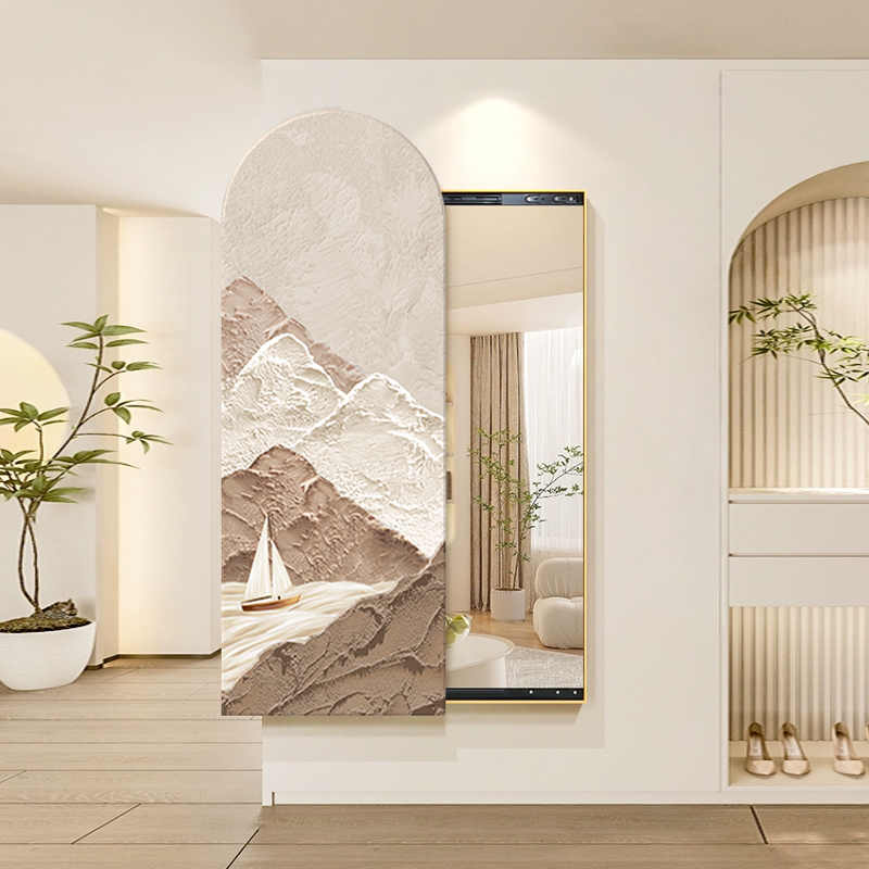 新款奶油风玄关装饰画推拉式可关闭全身镜肌理挂画卧室穿衣镜壁画