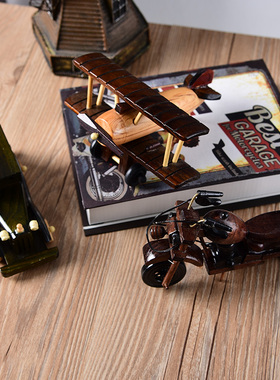 复古老爷车模型摆件家居实木飞机玄关小摆设客厅酒柜办公室装饰品