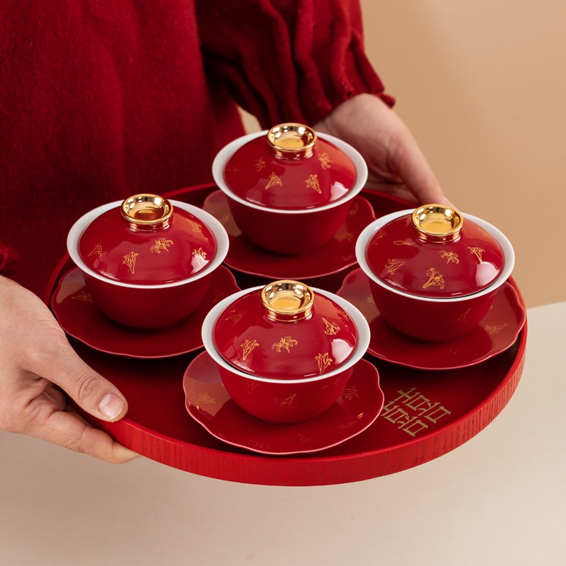 唐呈结婚改口敬茶杯一对红色陶瓷盖碗杯子套装新人婚礼喜庆敬酒杯